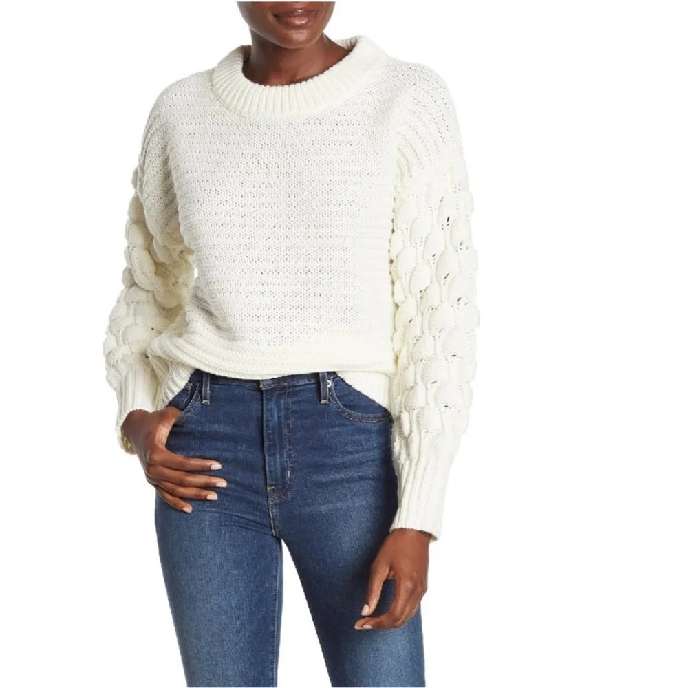 NEW Elodie Basketweave Sleeve Pullover Knit Oversized Sweater Ivory Size S
